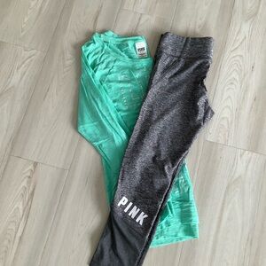 Set of PINK Victoria's Secret womens Charcoal Leggings and light green top